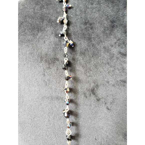 Women's Long Black Crystal Beaded Necklace Silver Chain No Clasp Handmade - Picture 4 of 5